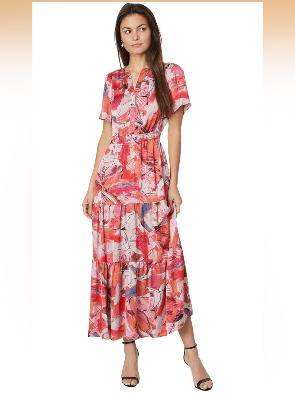 NWT NIC+Zoe Scribble Bouquet Daydream Dress Floral Pink Tiered Maxi Dress size S